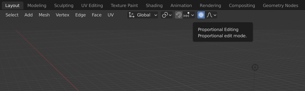 Enabling Proportional Edit mode in Blender.