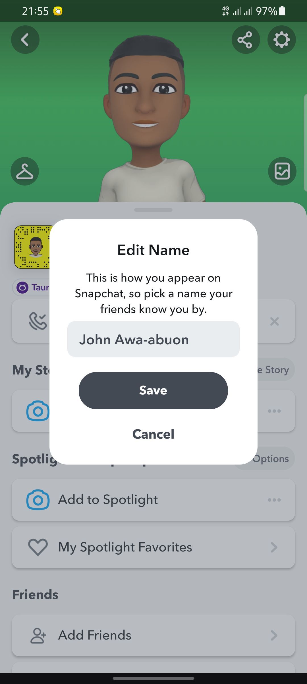 Screenshot showing where to input preferred Snapchat name