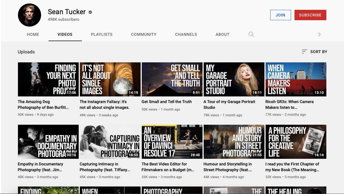 Screenshot of Sean Tucker's YouTube Page