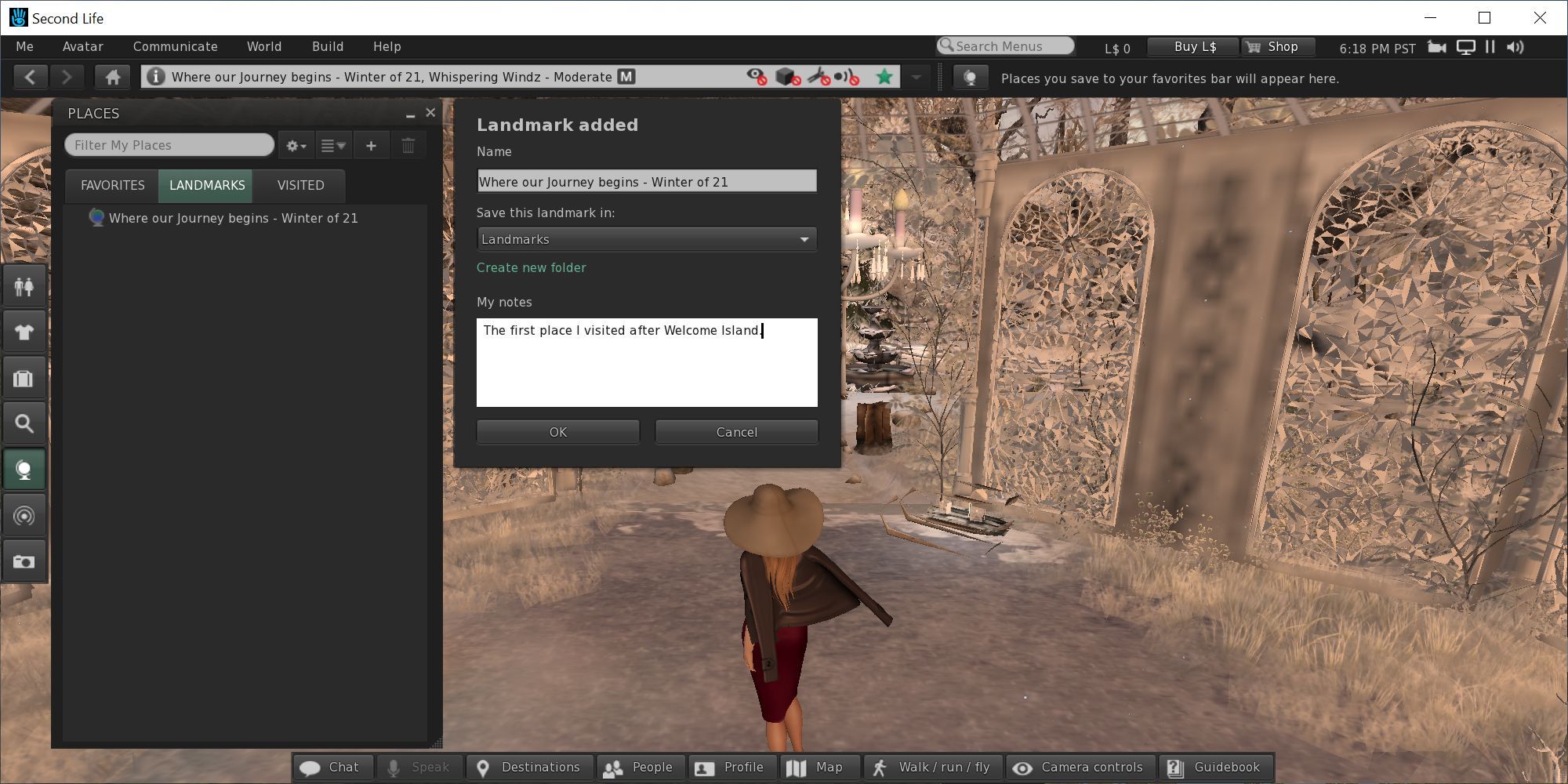 Second Life Places Menu for Landmarks and Favorites