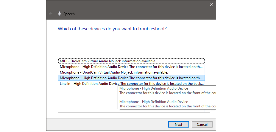 Selecting Preferred Microphone in Troubleshooter Windows in Windows