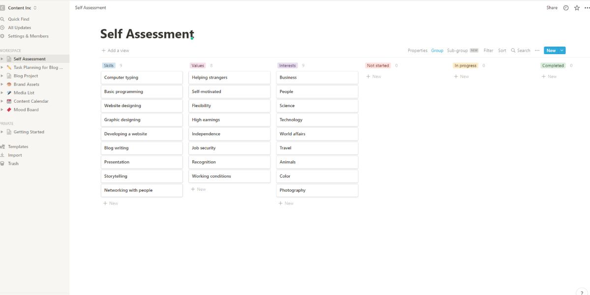 An image of a self-assessment in kanban board