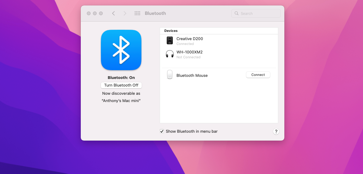 Set up bluetooth mouse in macOS Monterey