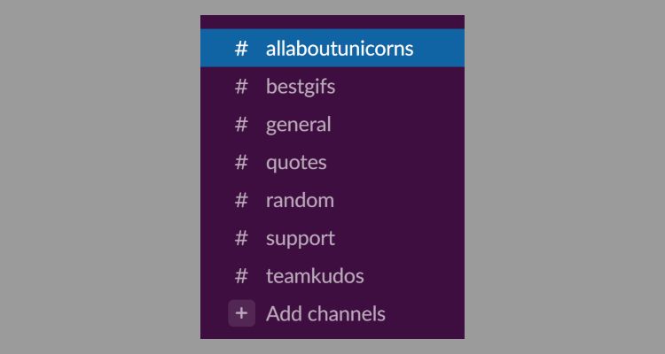 Image shows a list of channels inside Slack