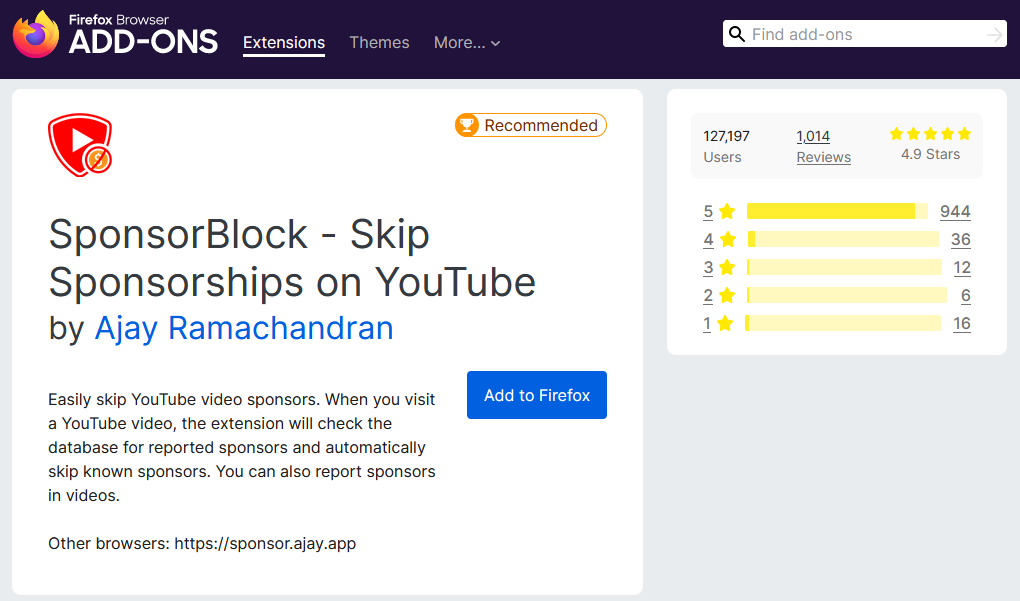 A Screenshot of SponsorBlock's Add-on Page