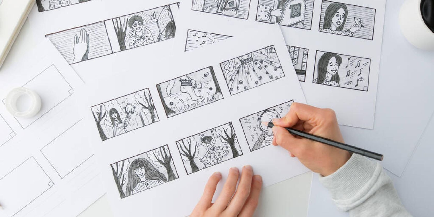 An animation artist creating a storyboard