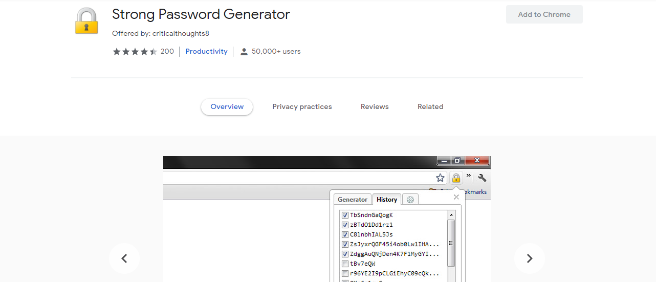 A Screenshot of Strong Password Generator's Extension Page