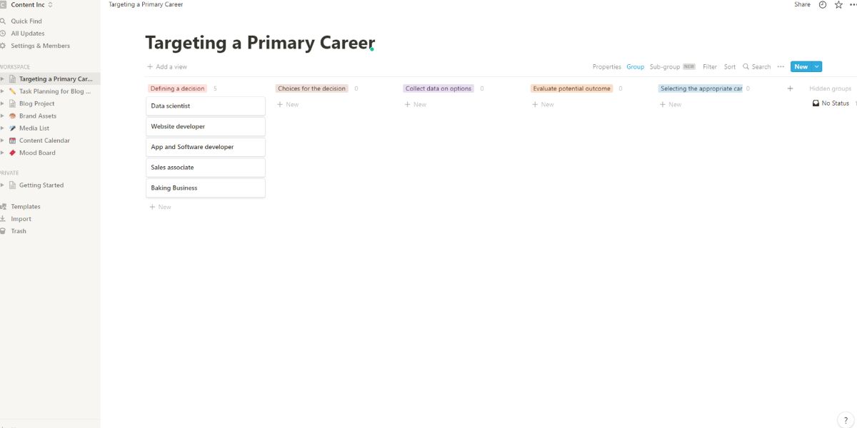 An example of kanban board for targeting a primary career