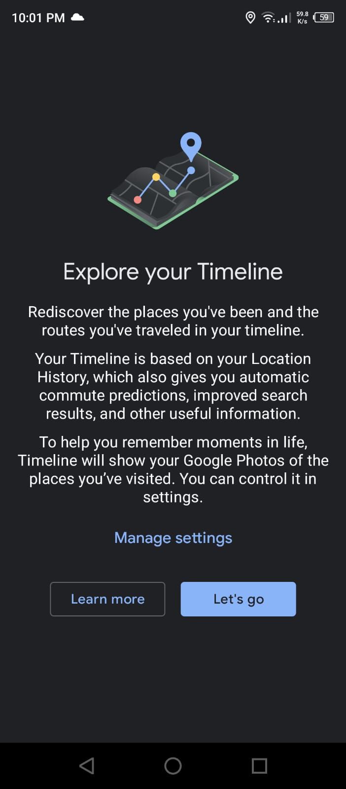 Timeline Welcome Screen in the Google Maps App
