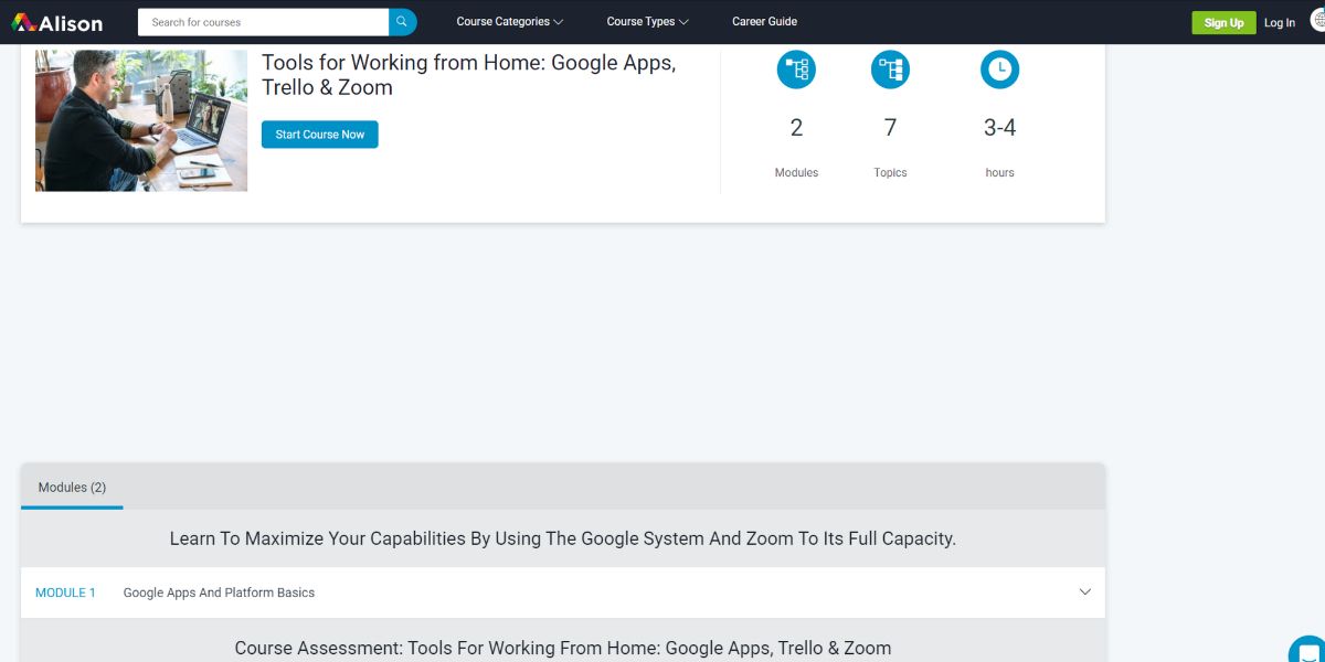 A view of the Alison's Tools for Working From Home Google Apps, Trello & Zoom course