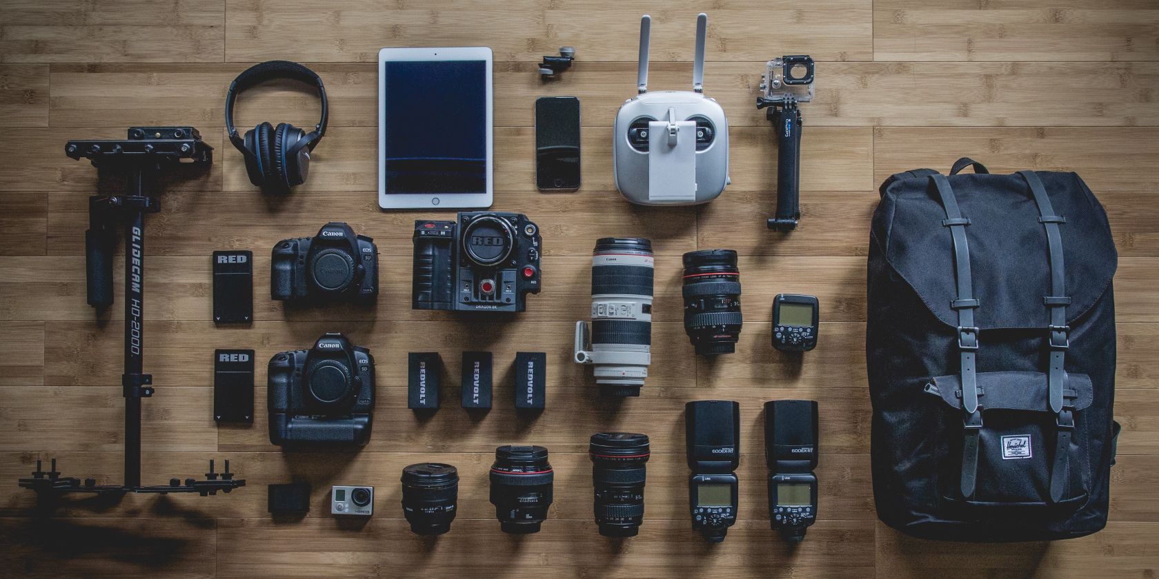 Photo of photography gear next to a bag