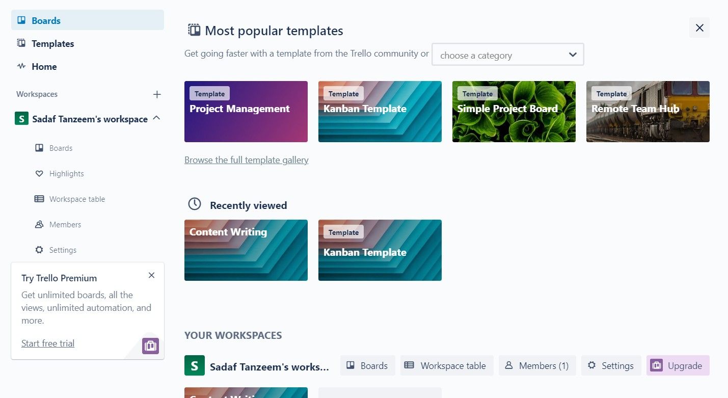 Trello's dashboard for managing projects