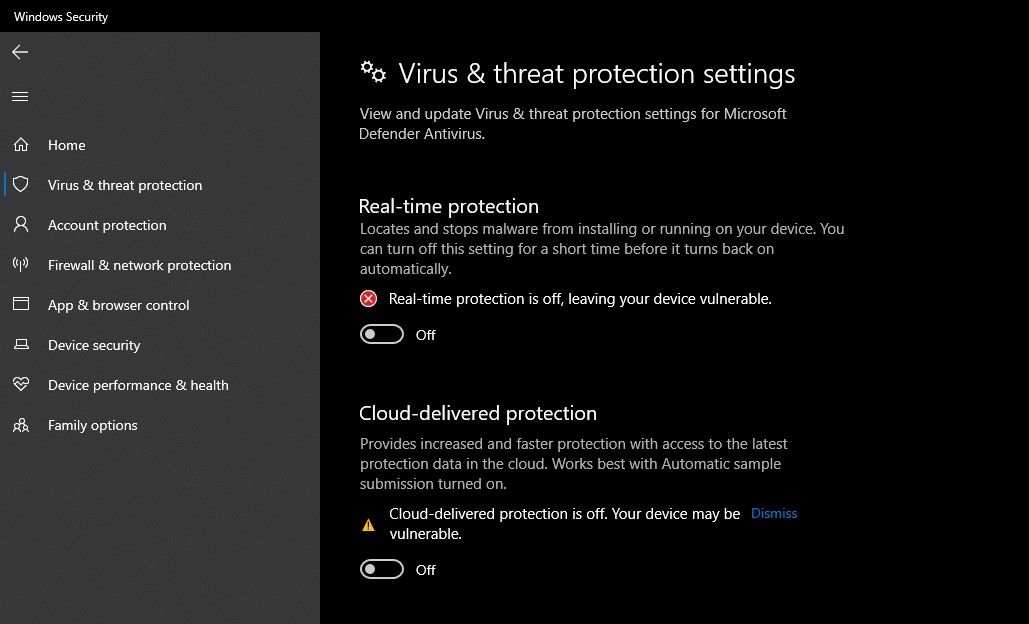 Turning Off Real-time Protection in Virus and Threat Protection Settings