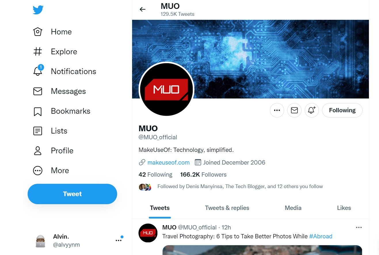 MUO twitter profile on Twitter Web