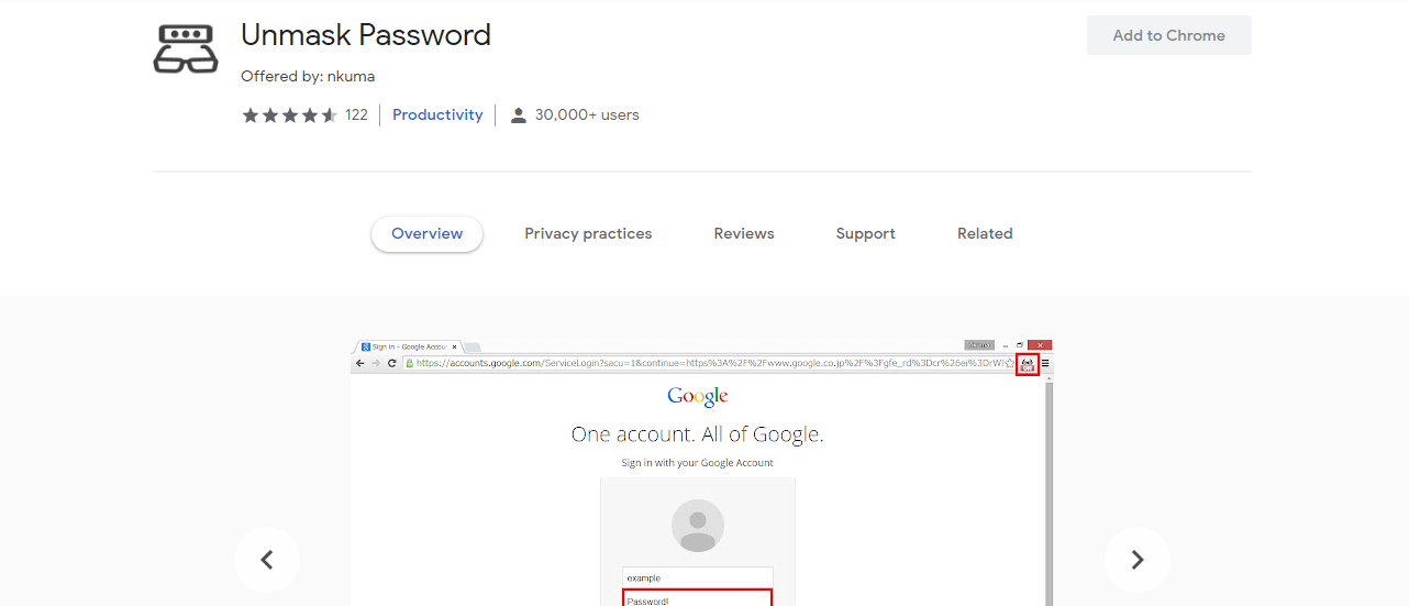 A Screenshot of Unmask Password's Extension Page