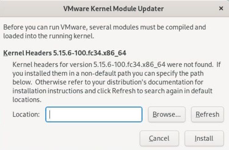 VMWare Kernel Header dialog