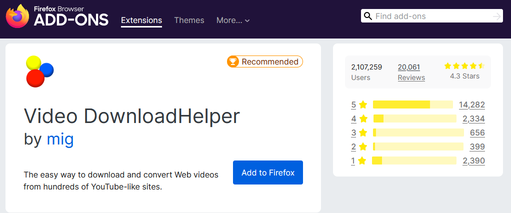 A Screenshot of Video Download Helper's Add-on Page