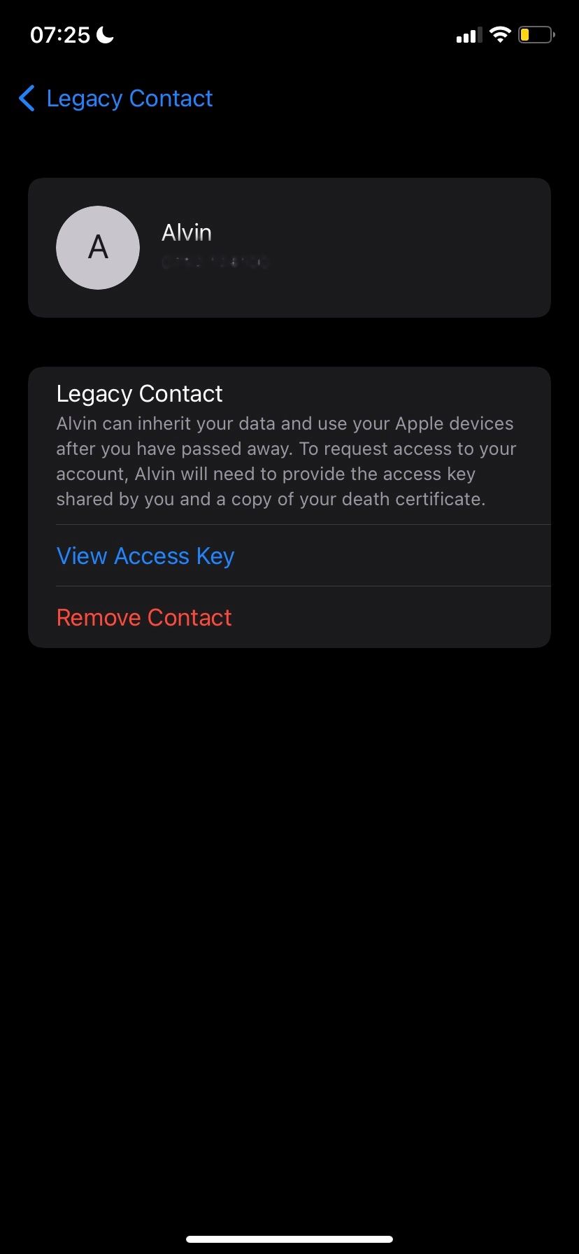 Viewing information about a Legacy Contact in iOS 15