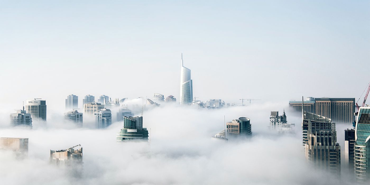 Skyline of Dubai with fog