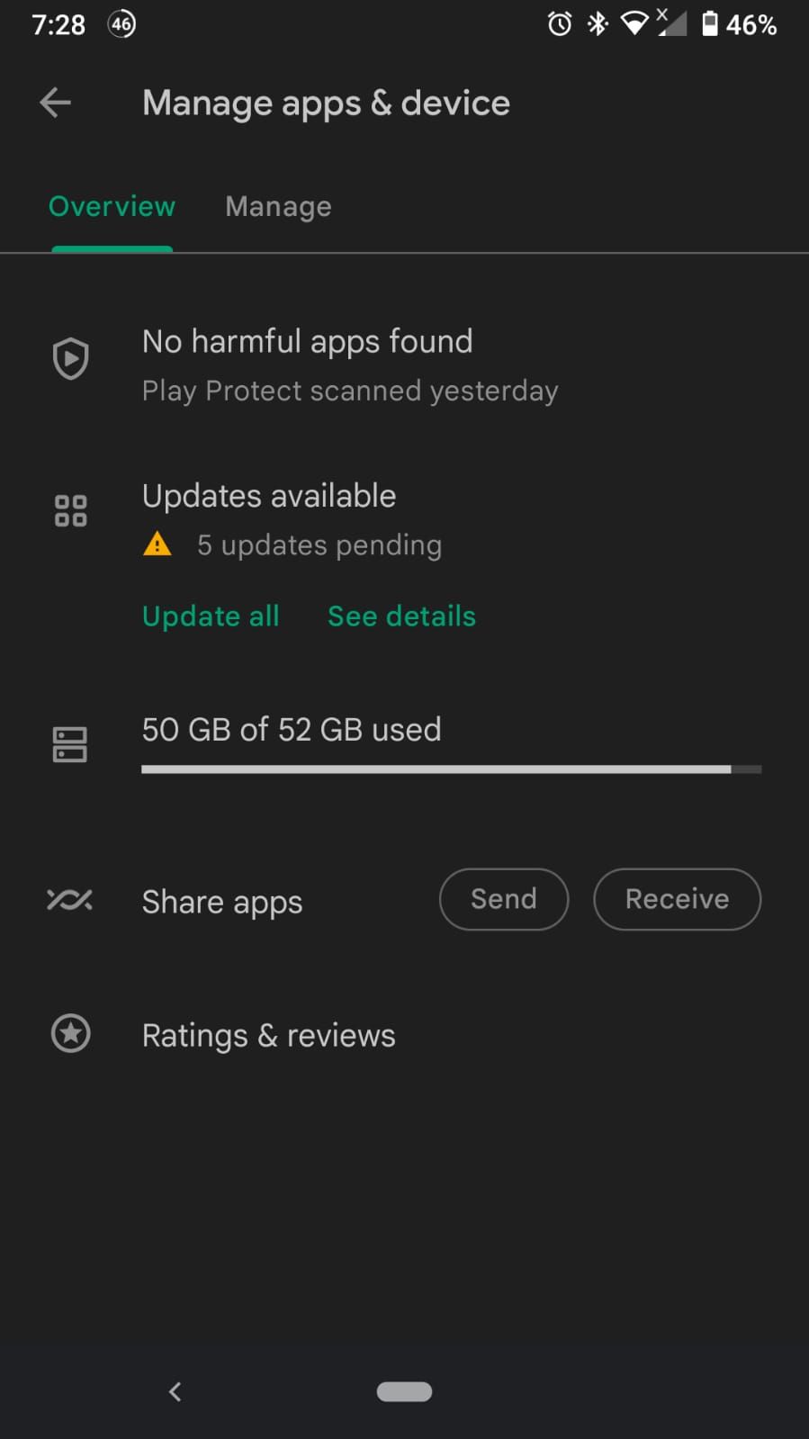 Play Store manage apps &amp; devices menu
