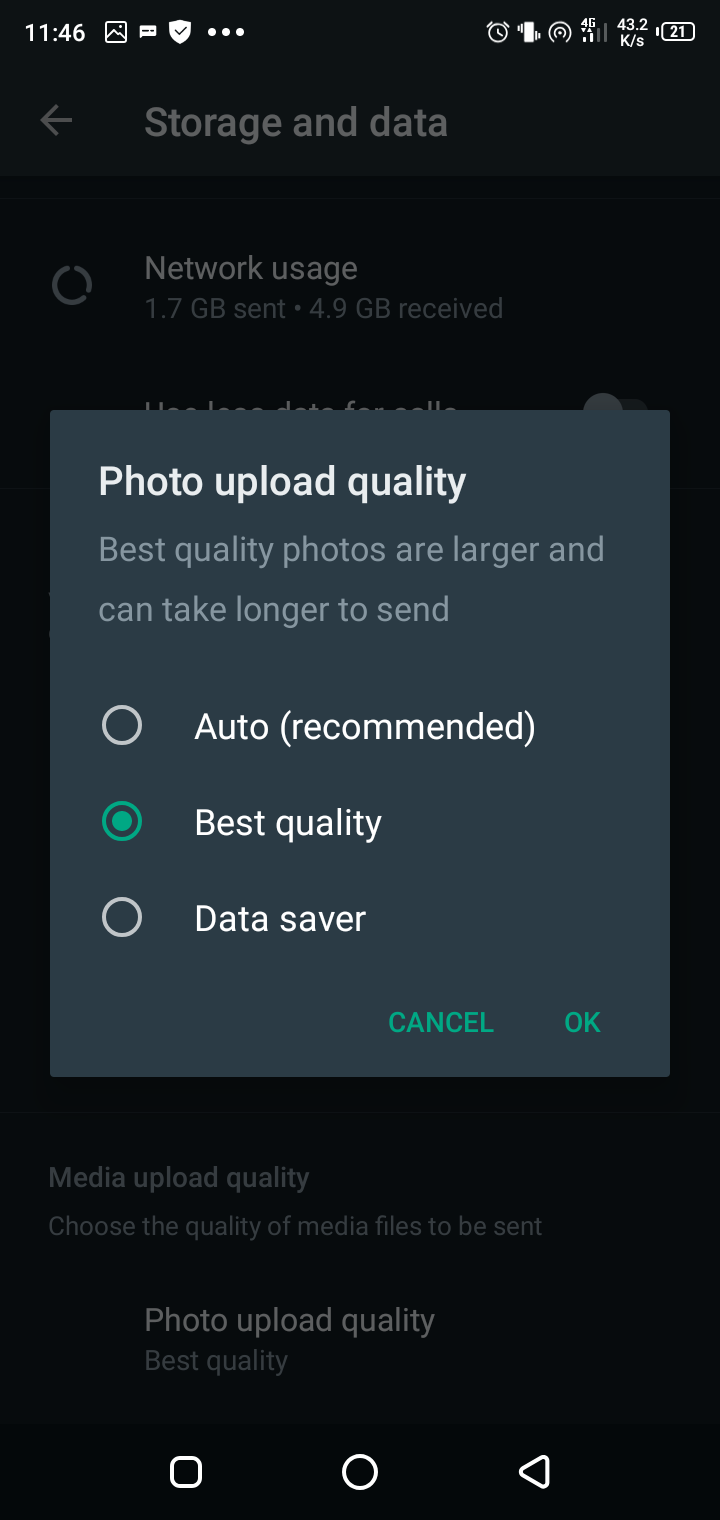 WhatsApp upload quality settings options