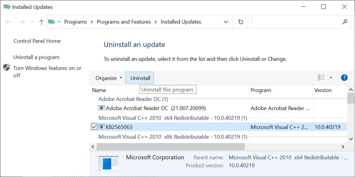 Windows 10 Control Panel Uninstall Updates