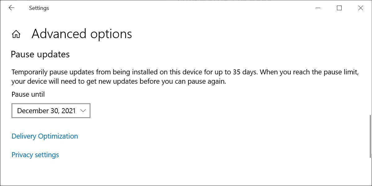 Windows 10 Windows Update Pause Updates Advanced Options