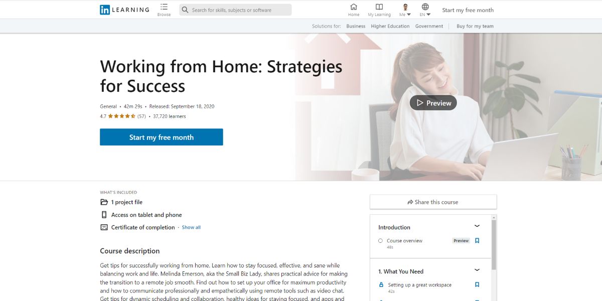 A visual of the Working From Home Strategies for Success course of LinkedIn