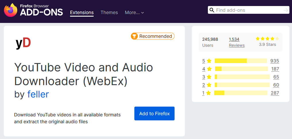 A Screenshot of YouTube Downloader WebX's Add-on Page