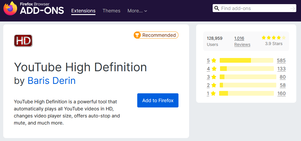 A Screenshot of YouTube High Definition's Add-on Page