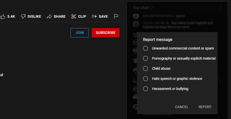 YouTube report a live chat select reason click REPORT