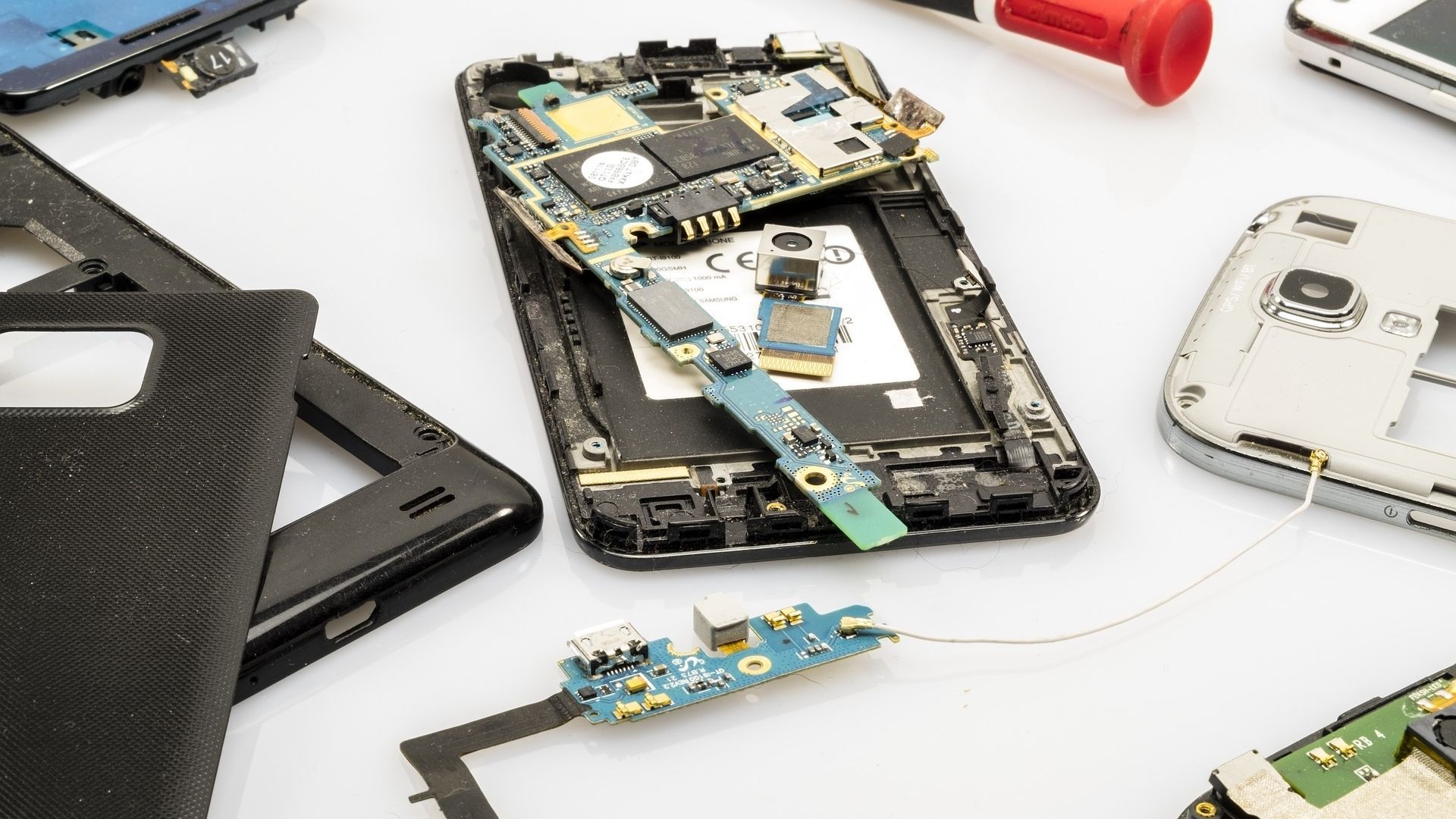 a phone open with all of its internal components out and being worked on