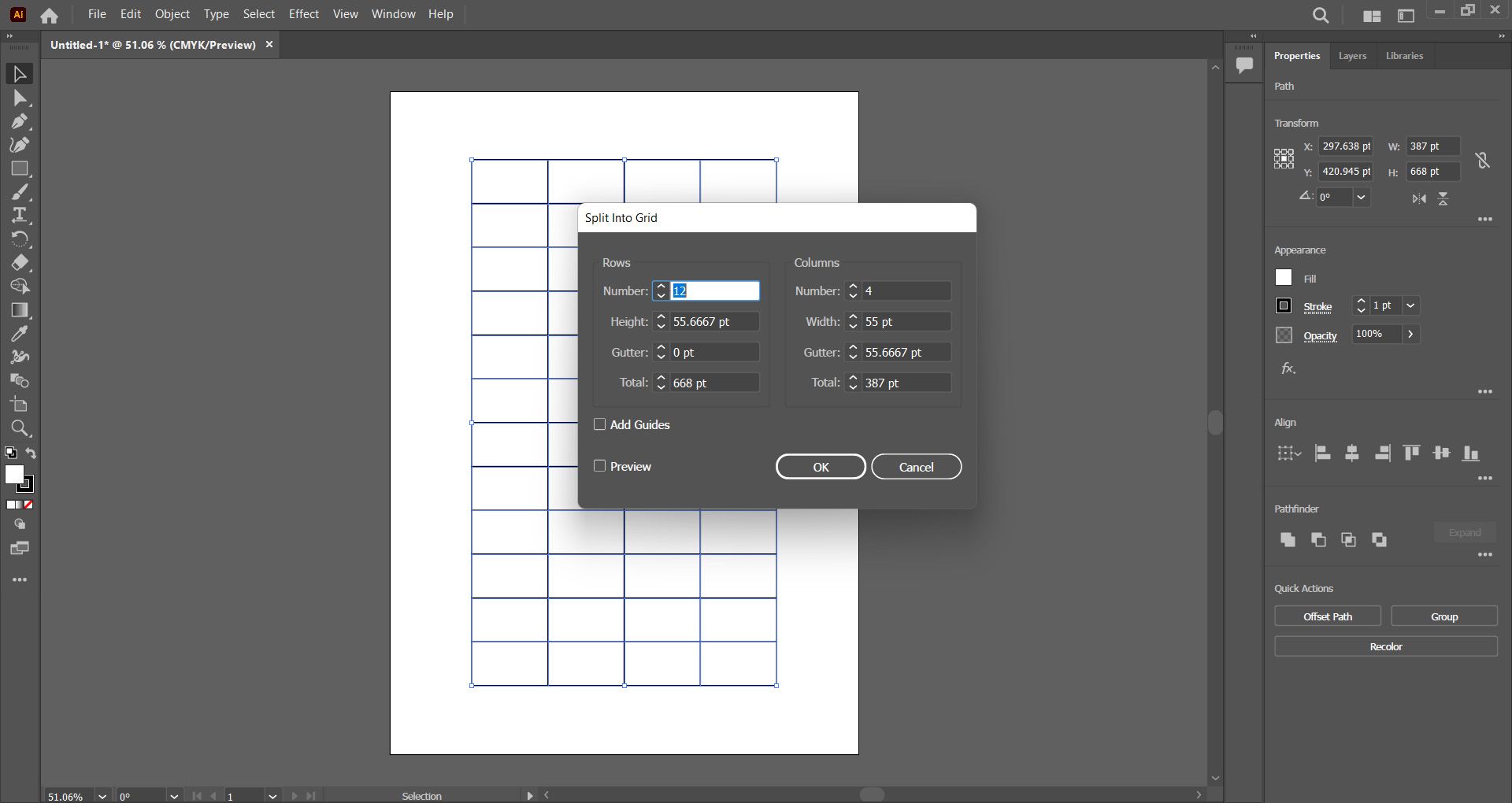 Using split into grids to make a table in Adobe Illustrator.