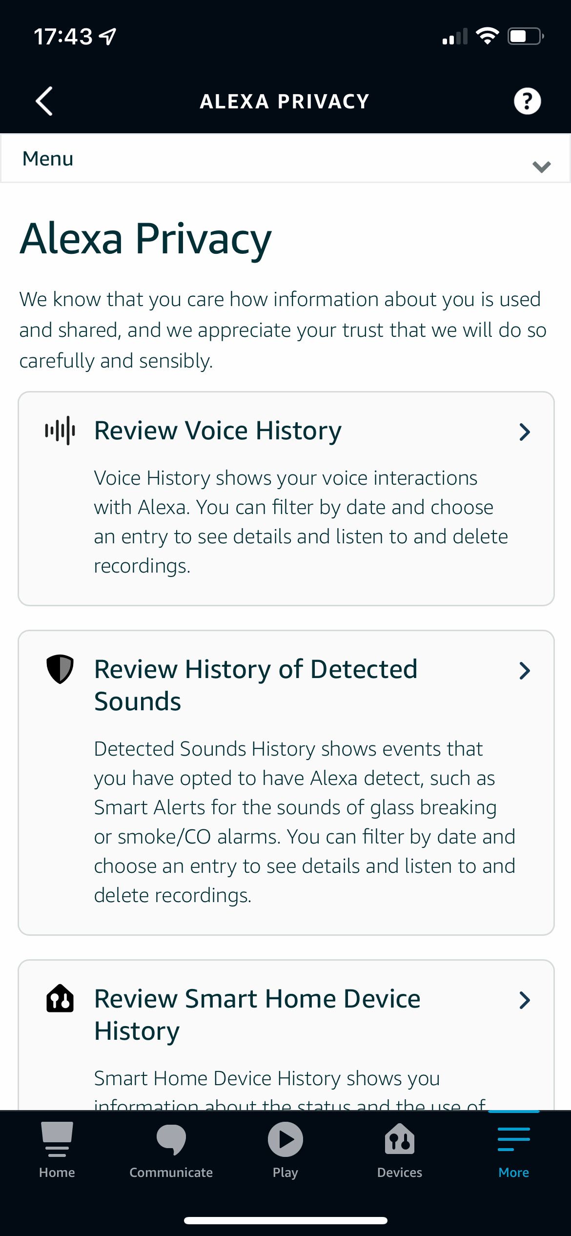 alexa app privacy menu