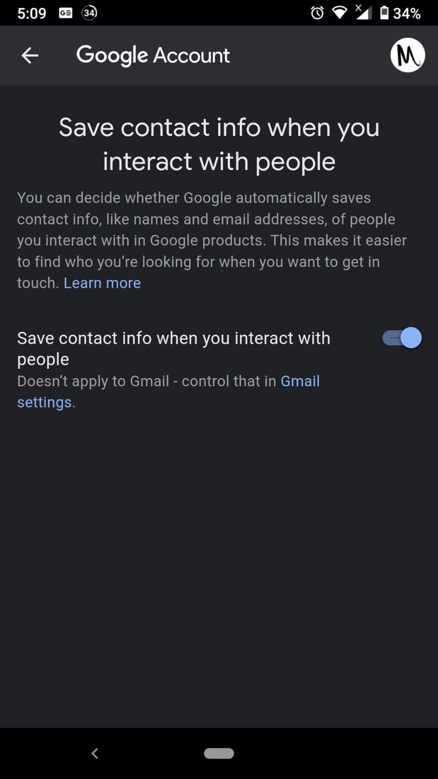 android google settings save contact info option