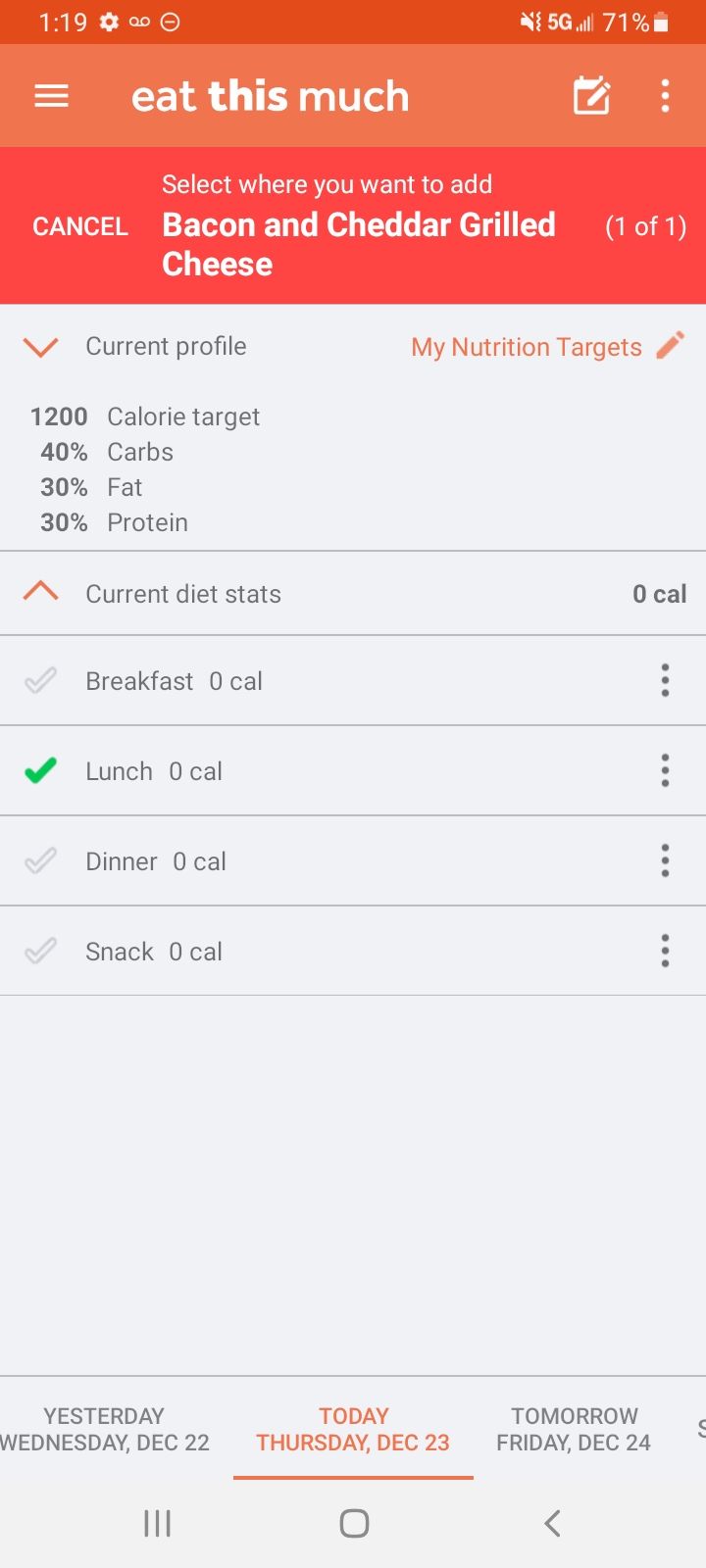 Adding a meal to our daily food journal in the Eat This Much app.