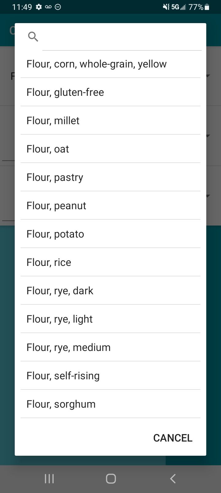 Choosing a type of flour in the Cupful app.