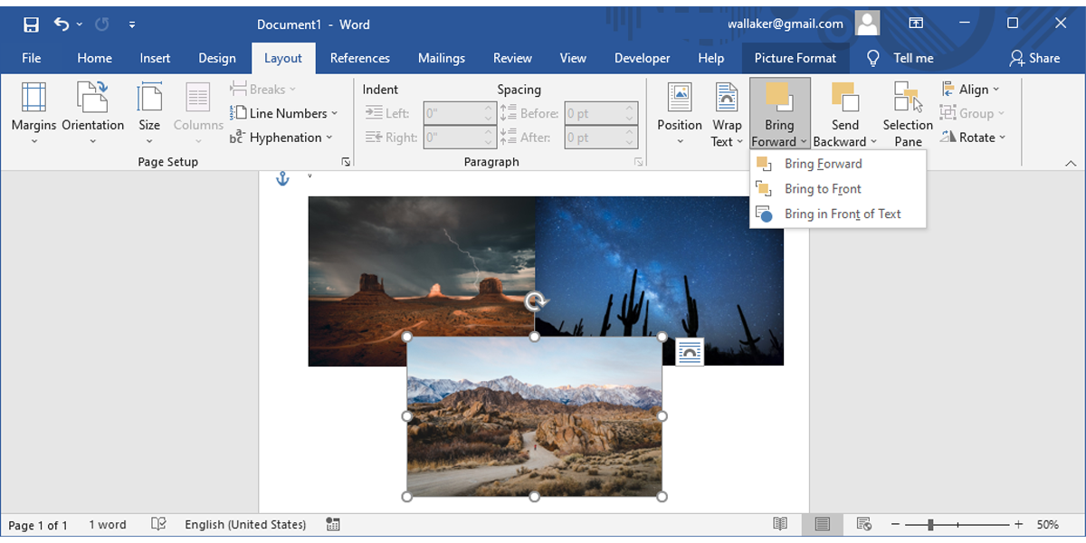 Microsoft Words tools for arranging images