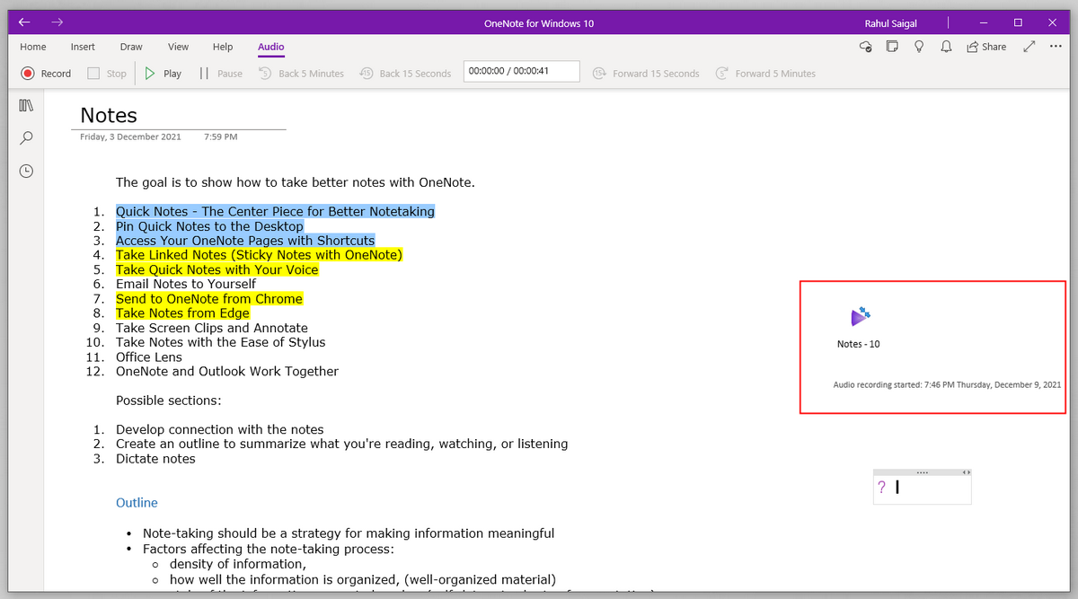 audio recording OneNote Windows10