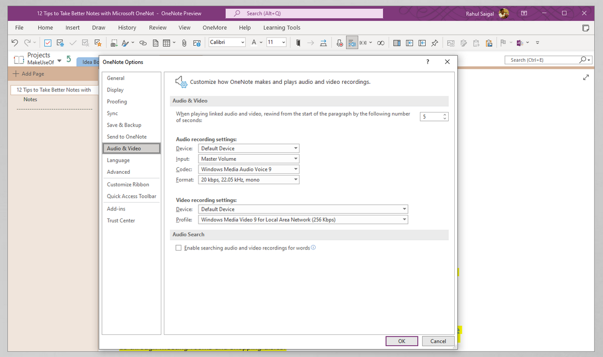 audio settings OneNote