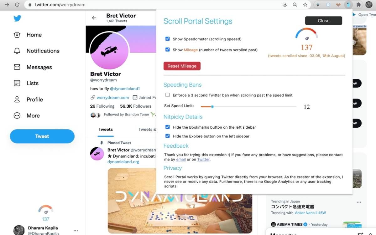 Scroll Portal analyzes how fast you're scrolling Twitter and tries to enforce mindful browsing