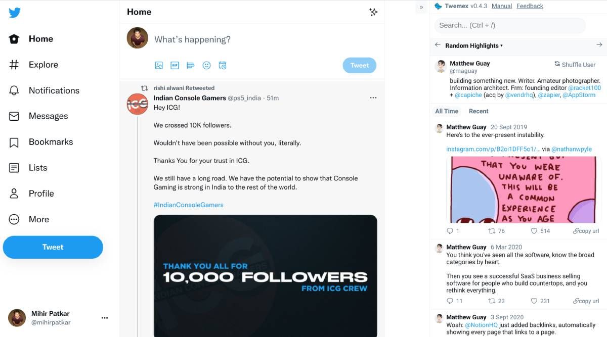 Twemex is a powerful way to improve the Twitter sidebar by discovering best tweets from your timeline, and rediscovering the best tweets of any user you follow as your conversations with them