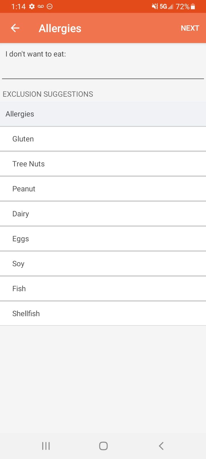 Selecting allergies in the Eat This Much app.