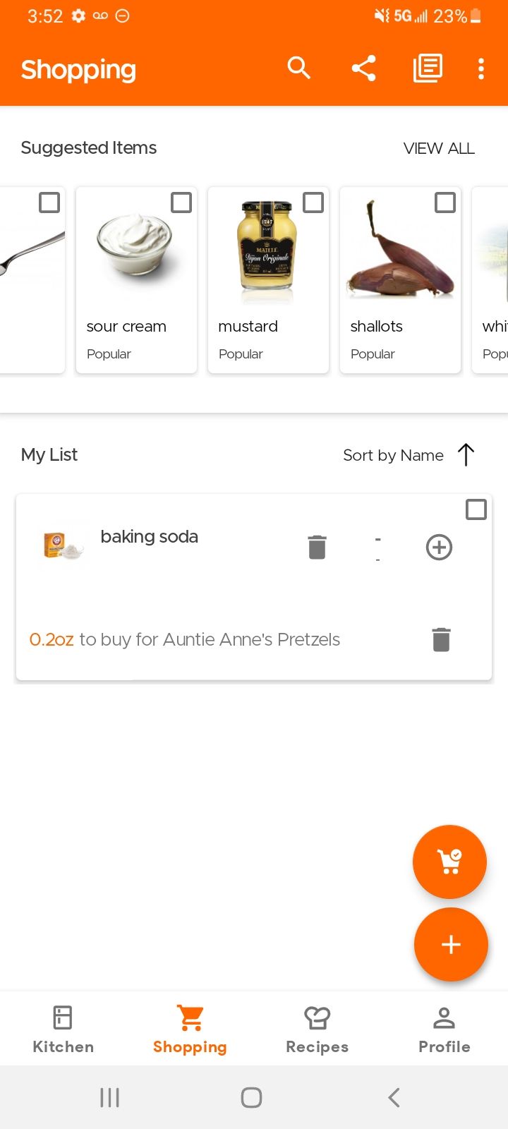 The shopping list feature in the KitchenPal app.
