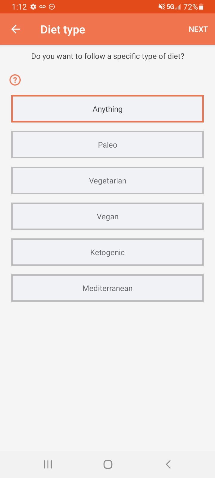 Choosing my preferred diet type in the Eat This Much app.
