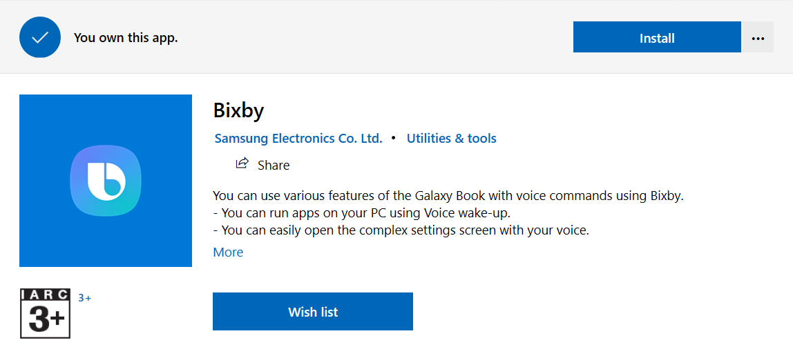 Installing Bixby from Microsoft Store