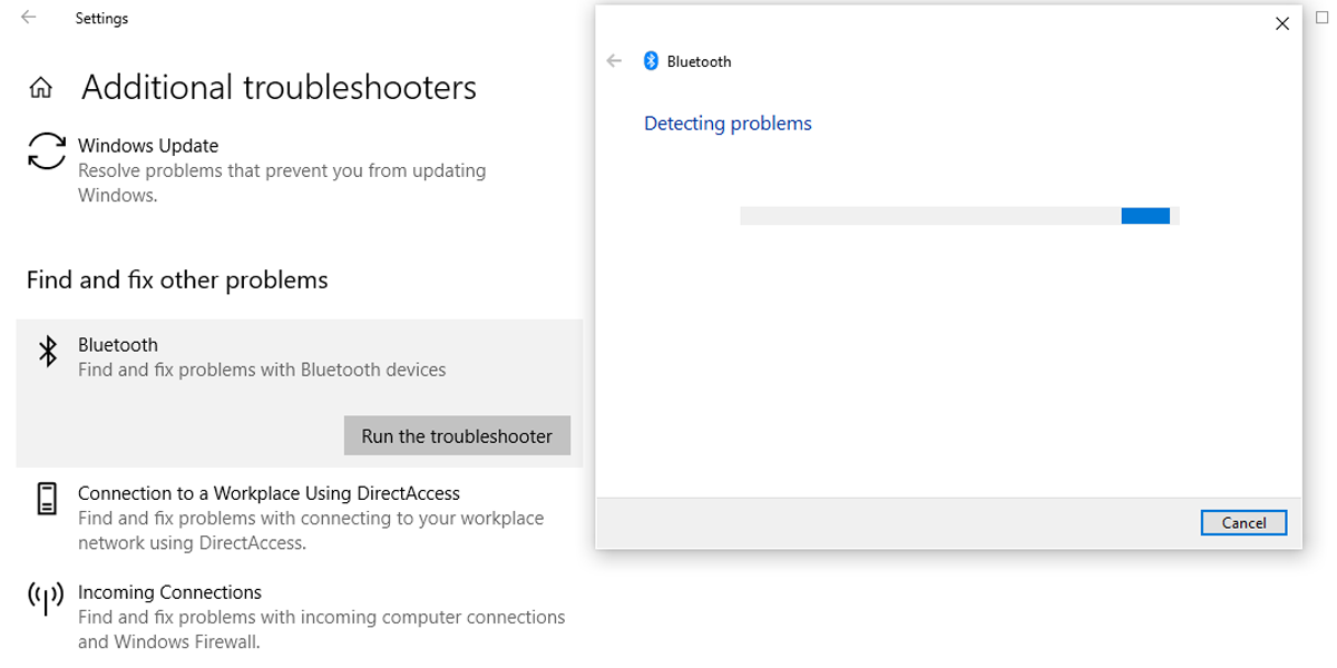 Runnin Bluetooth troubleshooter in Windows 10