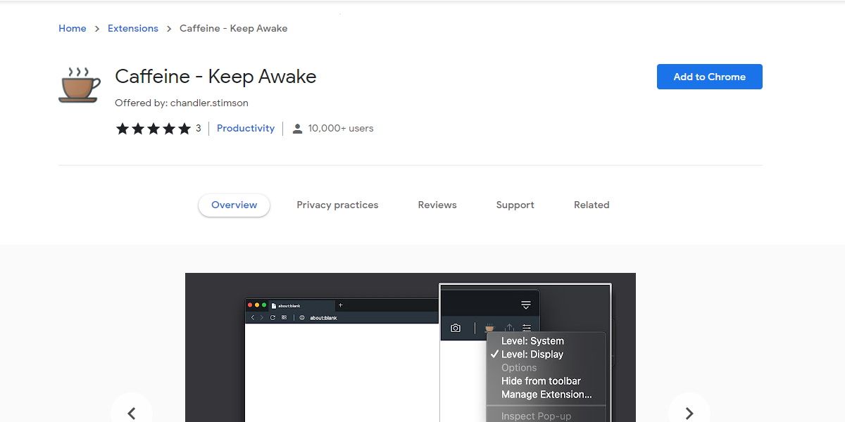 a screenshot of the chrome web store showing the application caffeine 