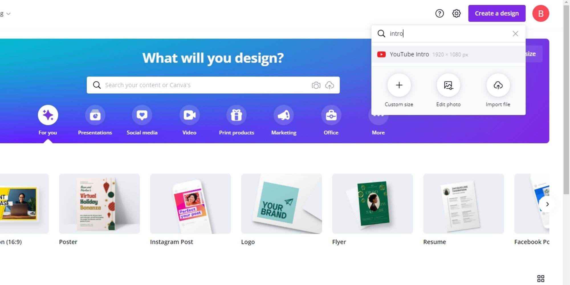 Create a Design on Canva showing the YouTube intro template.