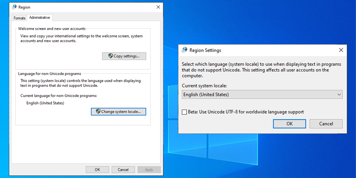 Changing current region in Windows 10